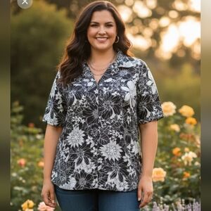 Vtg Notations 1x Collared Short Sleeve Button Down Floral Shirt Black And Wh